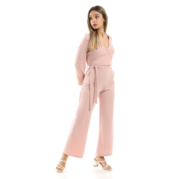 Front Deep V-Neck Nude Pink Pique Jumpsuit