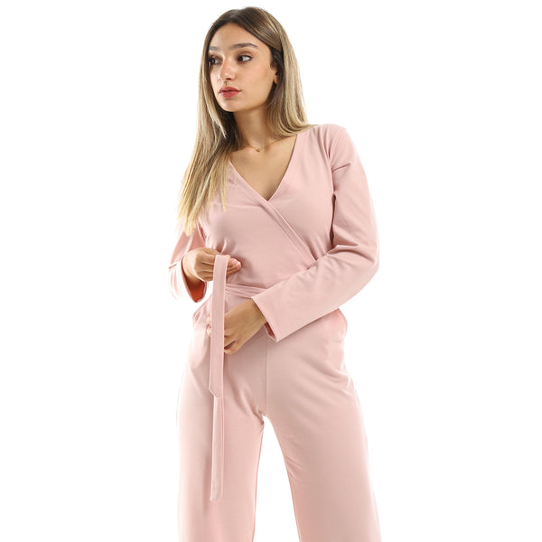 Front Deep V-Neck Nude Pink Pique Jumpsuit