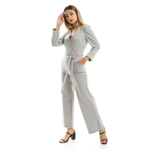 Long Sleeves Heather Grey Slip On Jumpsuit