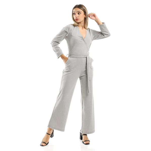 Long Sleeves Heather Grey Slip On Jumpsuit