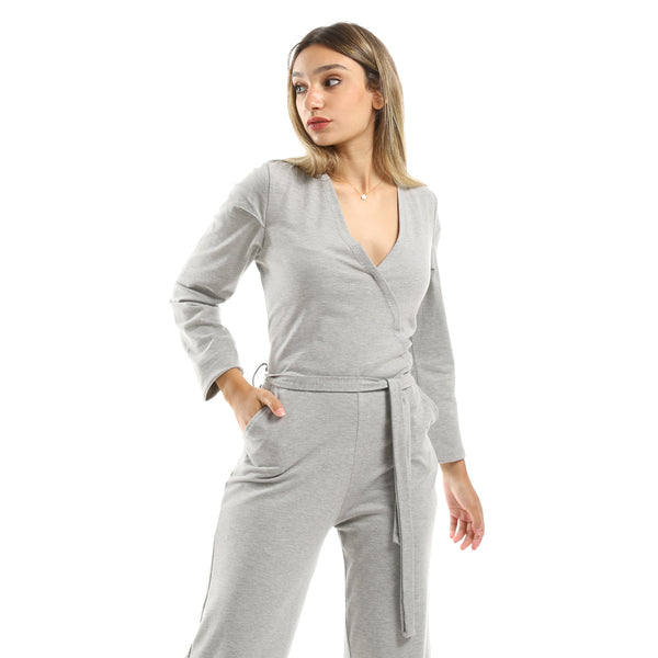 Long Sleeves Heather Grey Slip On Jumpsuit