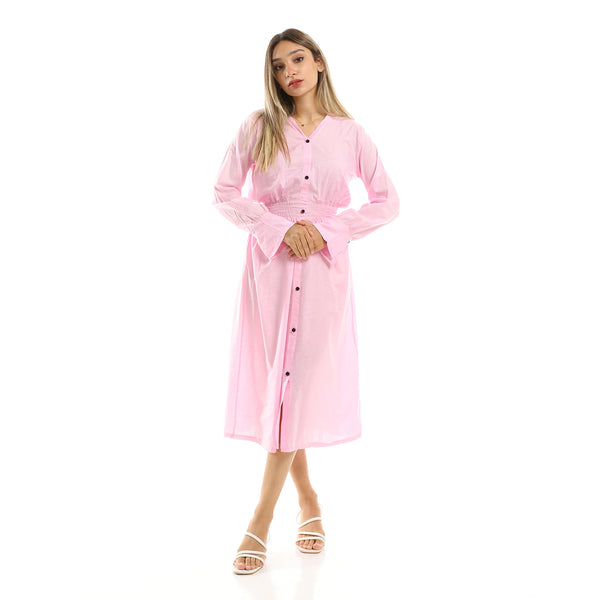Elastic Waist Midi Dress With Decorative Buttons - Light Pink