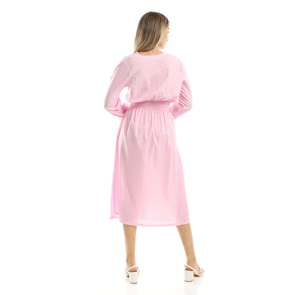 فستان متوسط الطول بأزرار للتزيين بخصر مطاطي - وردي فاتح