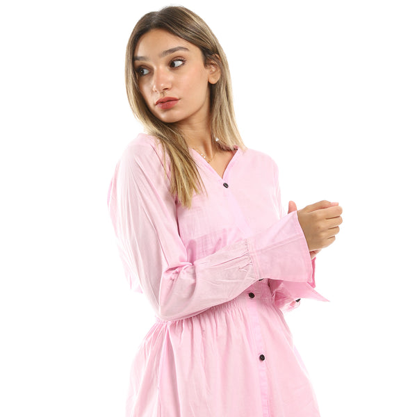 Elastic Waist Midi Dress With Decorative Buttons - Light Pink