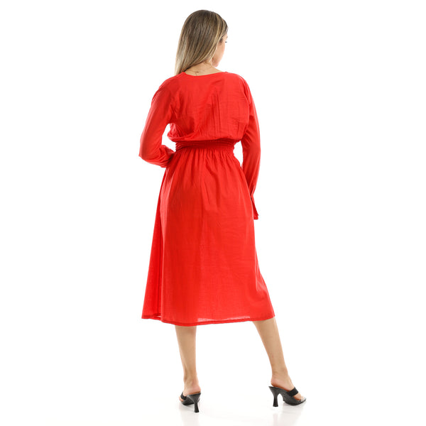 فستان أحمر متوسط الطول صيفي أحمر بأكمام طويلة