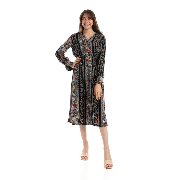 Oldish Patterned Black, Grey & Havana Dress