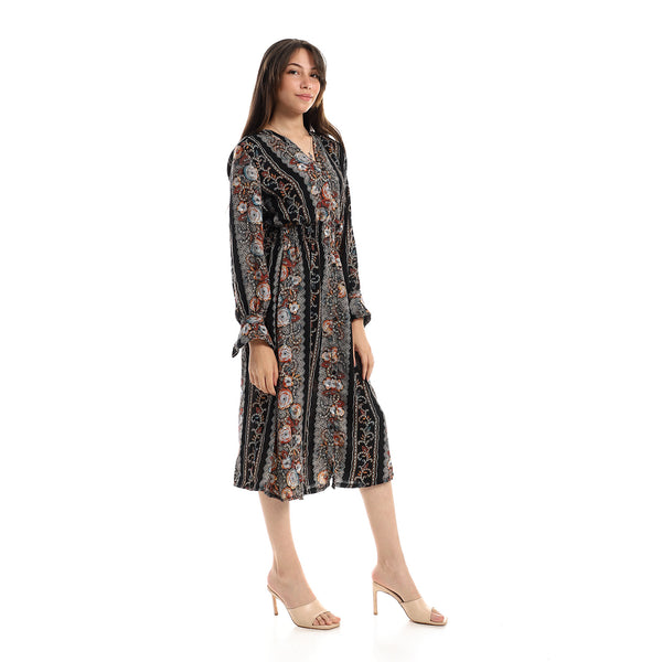 Oldish Patterned Black, Grey & Havana Dress