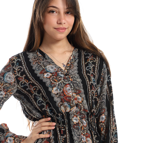 Oldish Patterned Black, Grey & Havana Dress