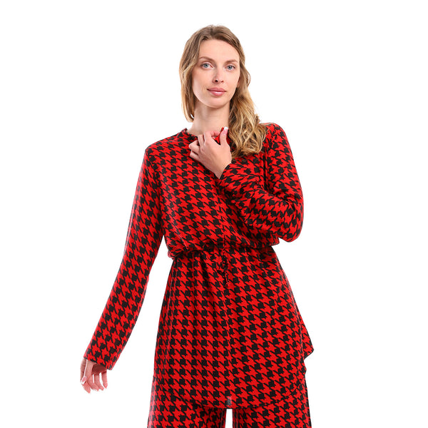 Full Sleeves Houndstooth Tunic With Waist Drawstring - Red & Black