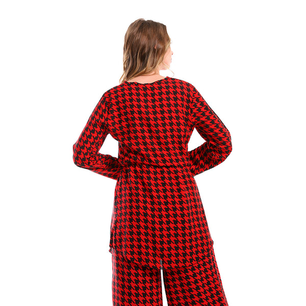 Full Sleeves Houndstooth Tunic With Waist Drawstring - Red & Black
