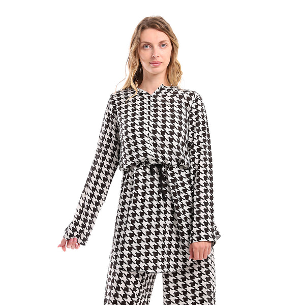 Full Sleeves Houndstooth Tunic With Waist Drawstring -White & Black