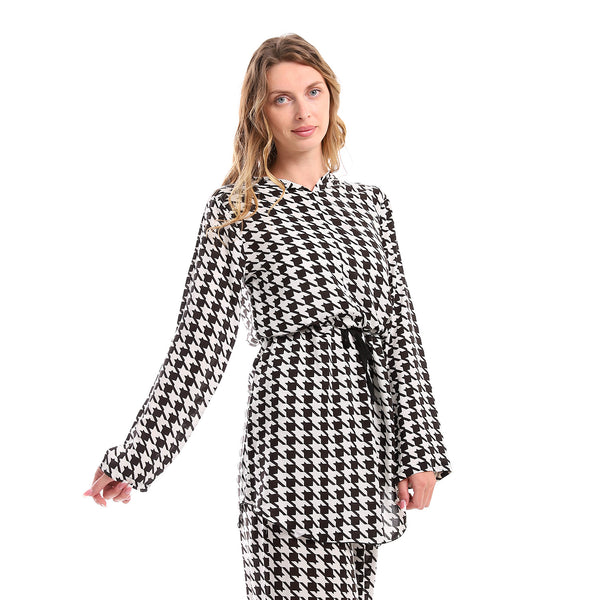 Full Sleeves Houndstooth Tunic With Waist Drawstring -White & Black