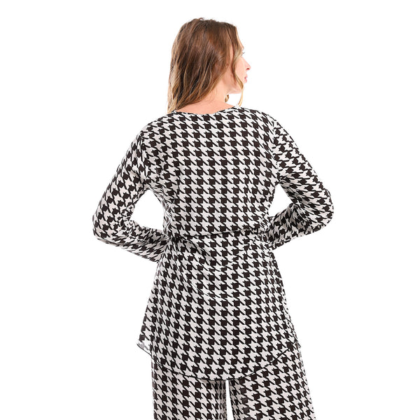 Full Sleeves Houndstooth Tunic With Waist Drawstring -White & Black