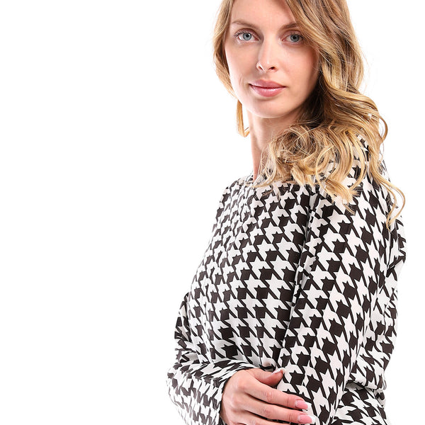 Full Sleeves Houndstooth Tunic With Waist Drawstring -White & Black