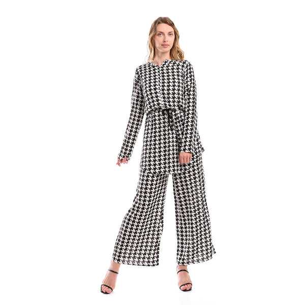 Full Sleeves Houndstooth Tunic With Waist Drawstring -White & Black