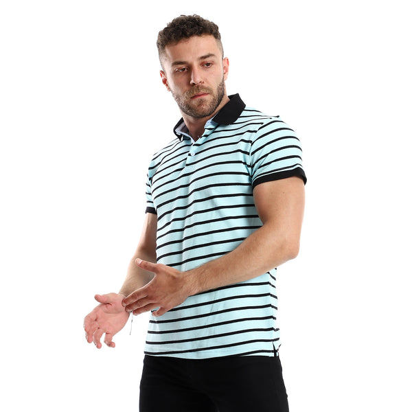 Light Blue & Black Striped Short Sleeves Polo Shirt