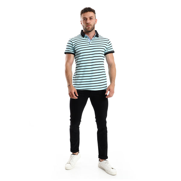 Light Blue & Black Striped Short Sleeves Polo Shirt