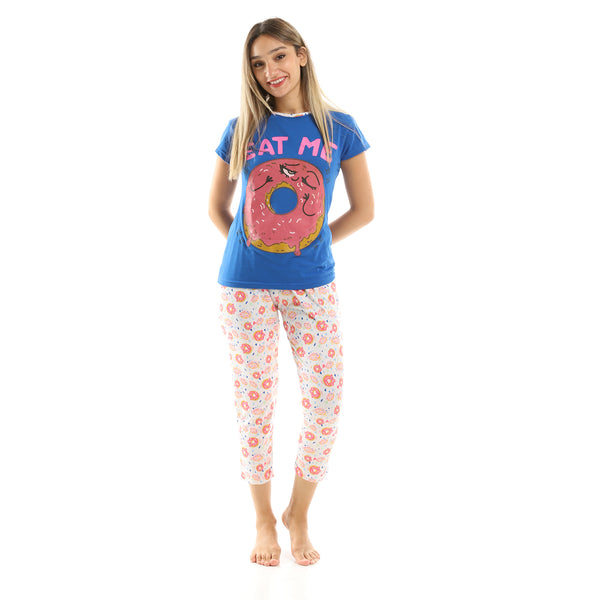 Printed Dounts Tee With Pants Pajama Set - Multicolour