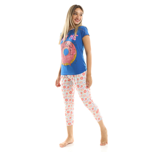 Printed Dounts Tee With Pants Pajama Set - Multicolour