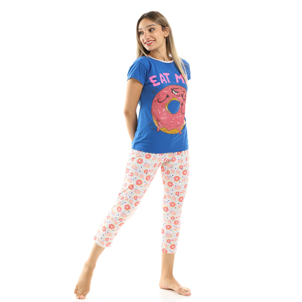 Printed Dounts Tee With Pants Pajama Set - Multicolour