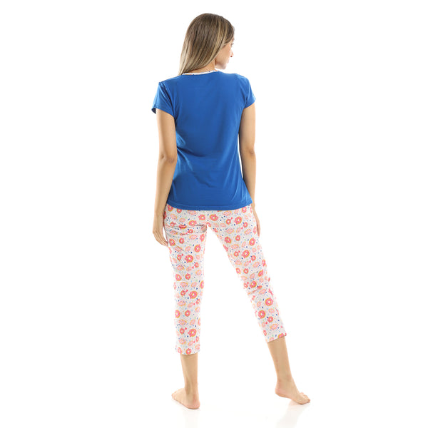 Printed Dounts Tee With Pants Pajama Set - Multicolour