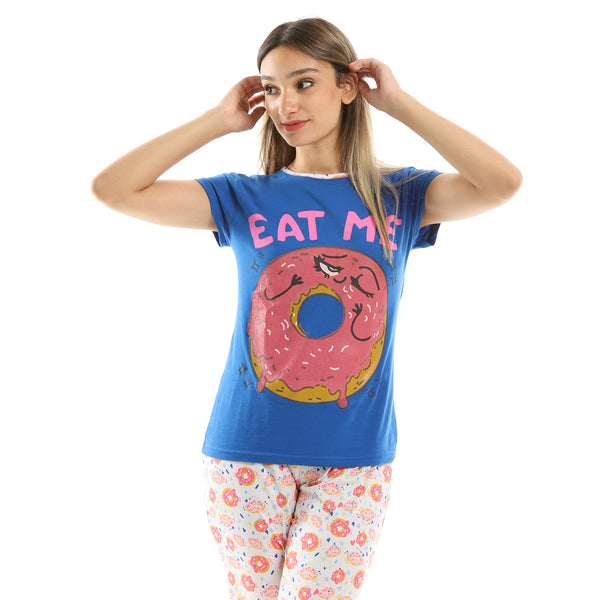 Printed Dounts Tee With Pants Pajama Set - Multicolour