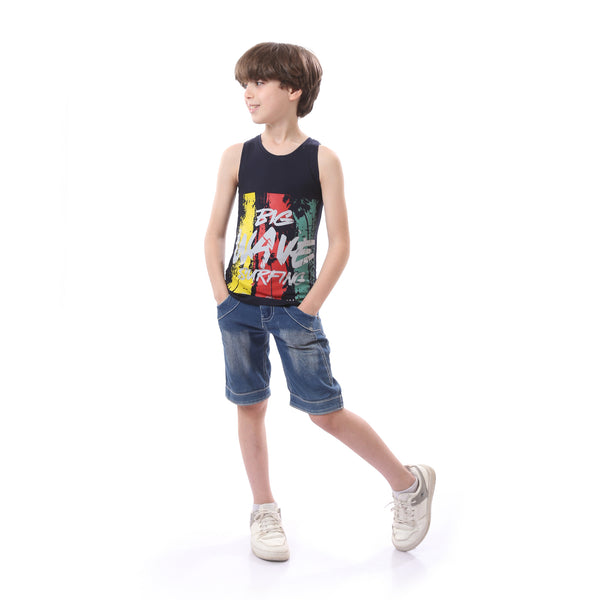 Printed Round Neck Tank Top For Kids - Navy Blue