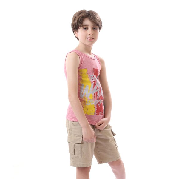 Sleevless Boys Cotton Printed Shirt - Heather Watermelon, Yellow & Green