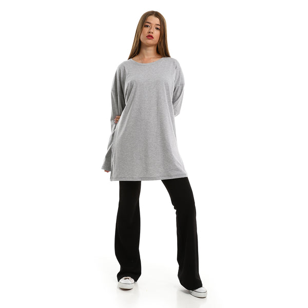Heather Light Grey Side Slitted Long Sleeves Oversized T-Shirt
