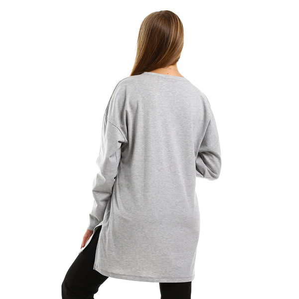 Heather Light Grey Side Slitted Long Sleeves Oversized T-Shirt