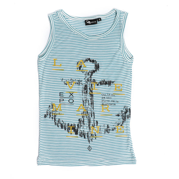 Boys Striped & Printed Tank Top - Light Blue & Off White