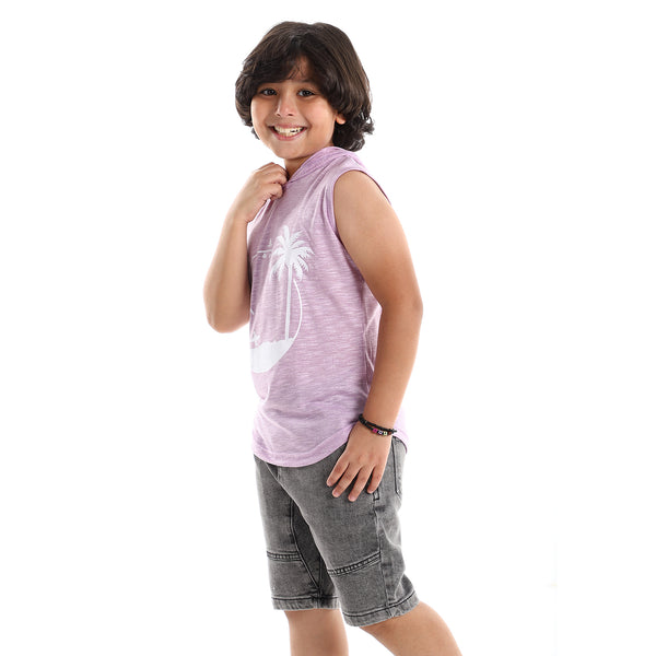 Sleeveless Printed Hooded Heather Lilac & White Tee