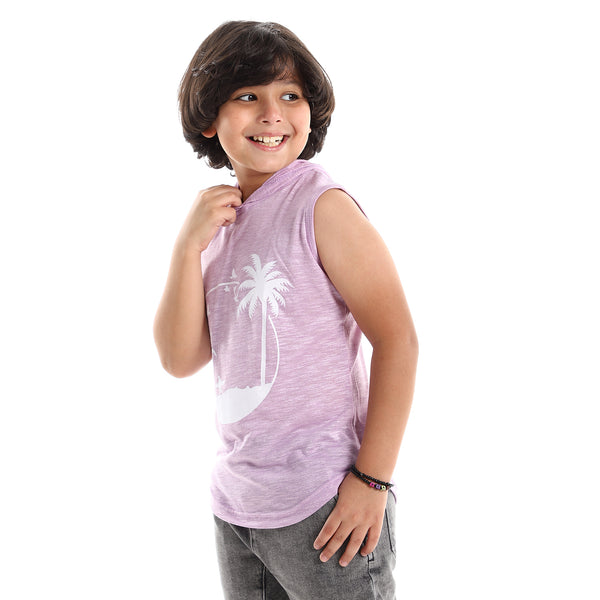 Sleeveless Printed Hooded Heather Lilac & White Tee