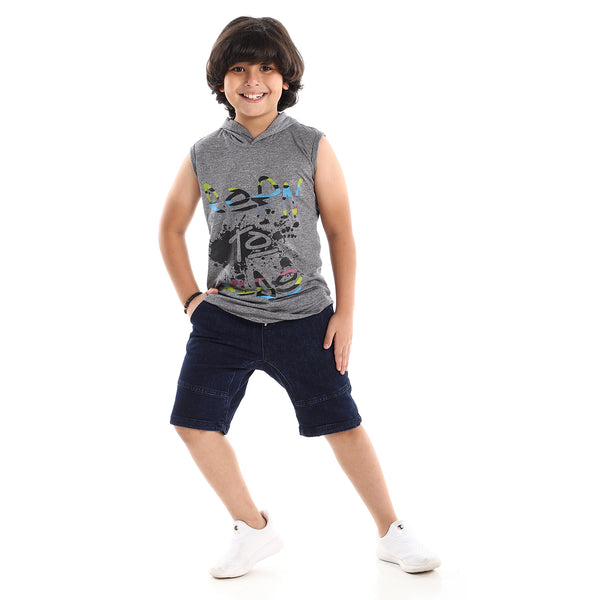 Sleeveless Printed Hooded Dark Grey Tee