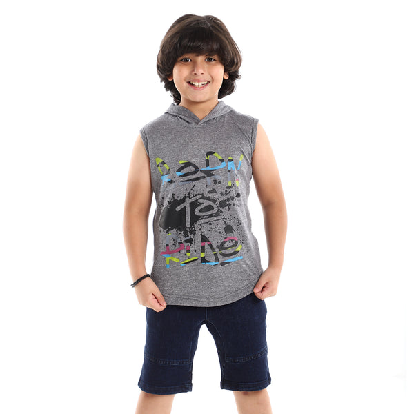 Sleeveless Printed Hooded Dark Grey Tee