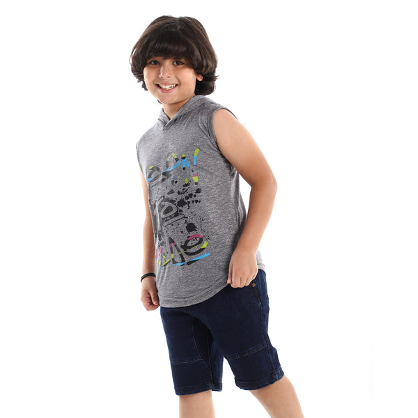 Sleeveless Printed Hooded Dark Grey Tee