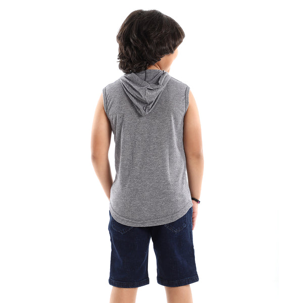 Sleeveless Printed Hooded Dark Grey Tee