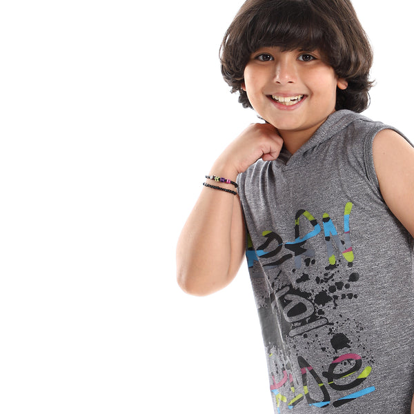 Sleeveless Printed Hooded Dark Grey Tee
