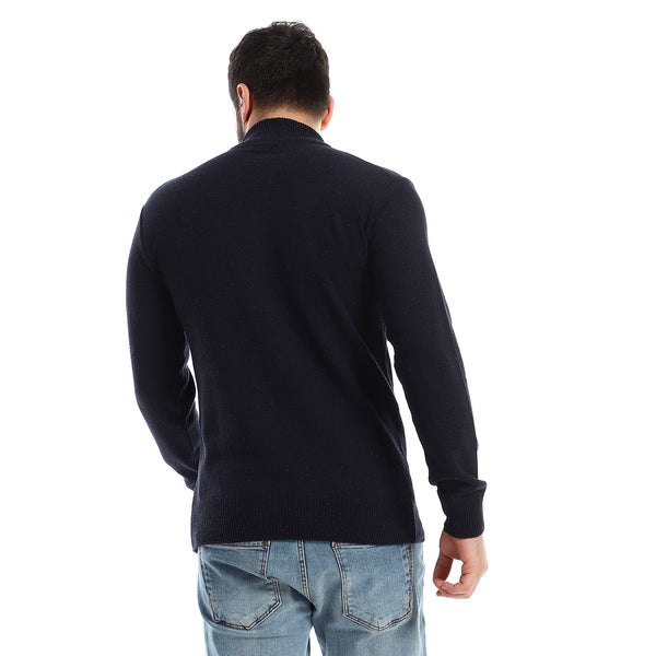 Hips Length Knitted Zipper Closure Navy Blue Sweater
