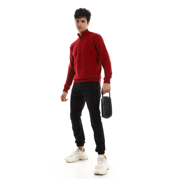 Zipped_Neck__Knitted_Sweater_-_Burgundy