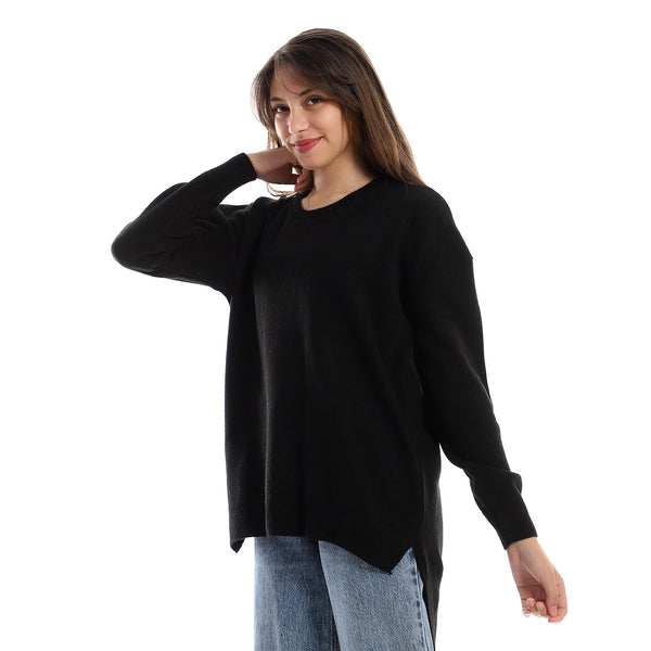 Ribbed Round Neck Slip On Pullover - Black