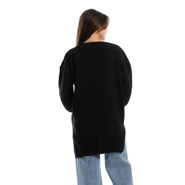 Ribbed Round Neck Slip On Pullover - Black