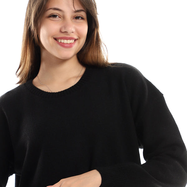 Ribbed Round Neck Slip On Pullover - Black