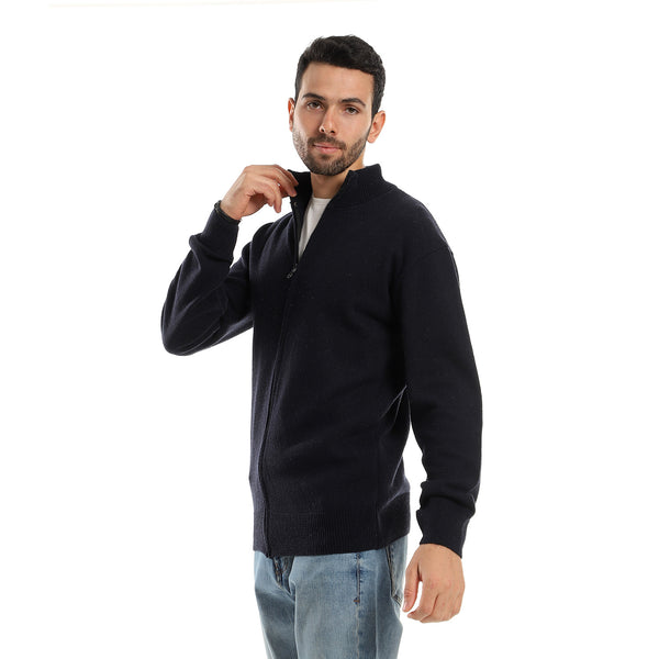 Navy Blue Front Zipper Winter Sweater