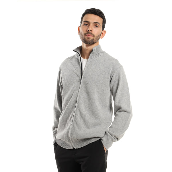 Light Grey Ribbed Hem Zipped Sweater