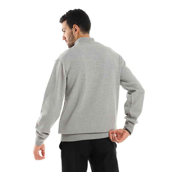 Light Grey Ribbed Hem Zipped Sweater