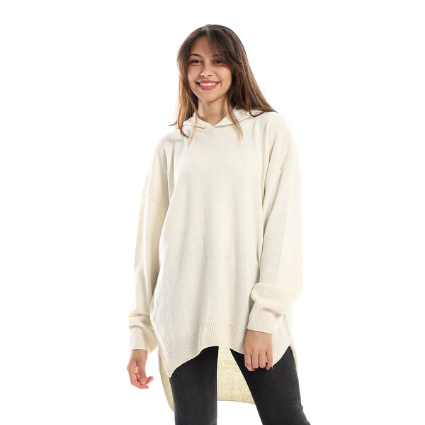 Hooded Neck High Low Knitted Off-White Pullover – Andora
