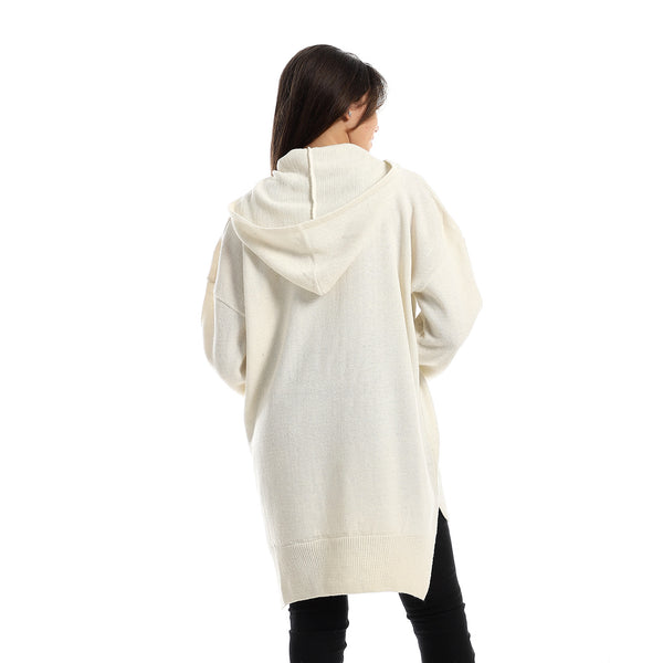 Hooded Neck High Low Knitted Off-White Pullover