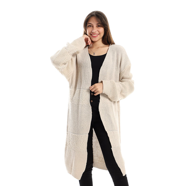Bi-Patterned Slip On Oat Knitted Cardigan