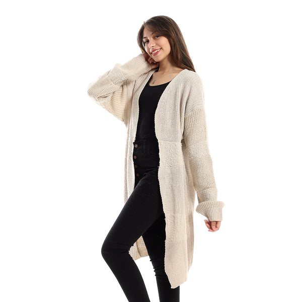 Bi-Patterned Slip On Oat Knitted Cardigan